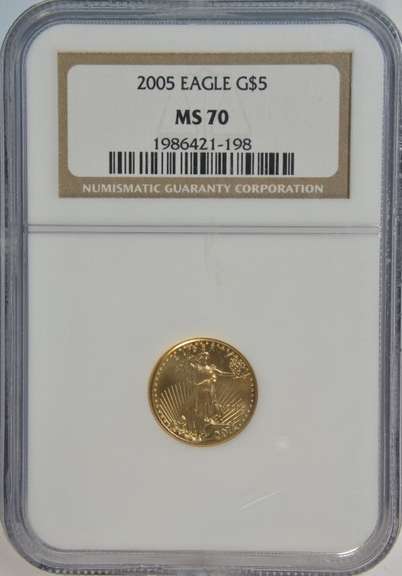 Perfect NGC MS70 graded 2005 $5 American Gold Eagle coin