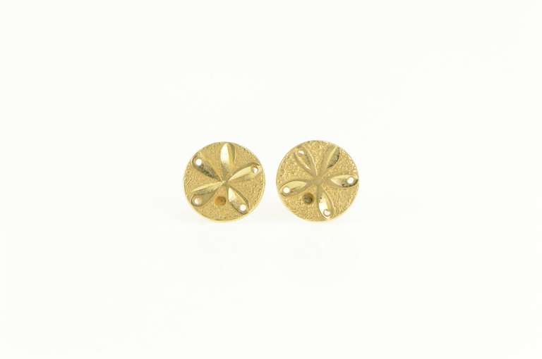 14K Yellow Gold Sand Dollar Sea Shell Ocean Good Luck Stud Earrings