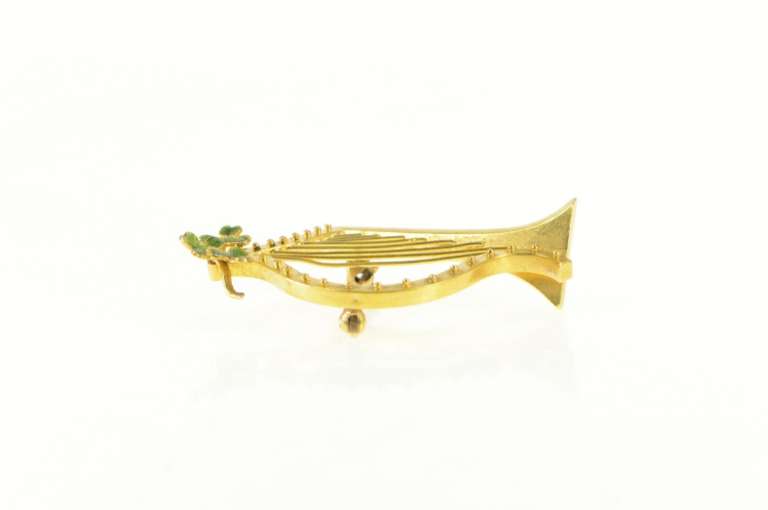 Gold Filled Green Enamel Floral Harp Musical Instrument Pin/Brooch