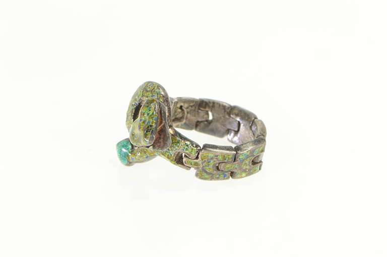 Sterling Silver Elaborate Enamel Snake Serpent Screw Back Ring