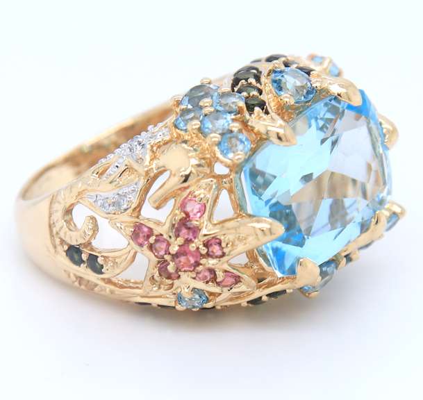 Delightful Yellow Gold Multi Gemstone Sea Life Ring