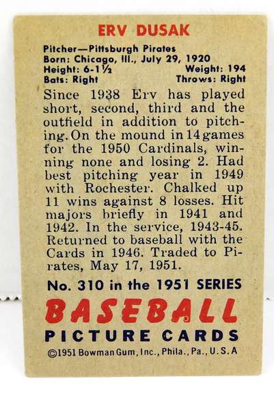Erv Dusak, Pirates 1951 Bowman Baseball Card