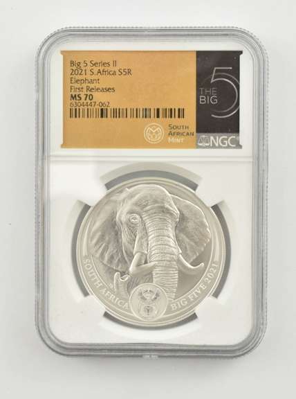 MS70 2021 South Africa 5 Rand Silver Big 5 Elephant FR II NGC COA