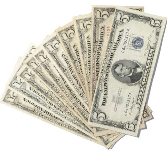 10 Red and Blue Seal $5 US Notes & Silver Certificates