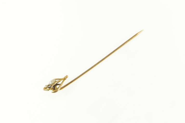 14K Yellow Gold Art Nouveau Ornate Seed Pearl Curvy Stick Pin