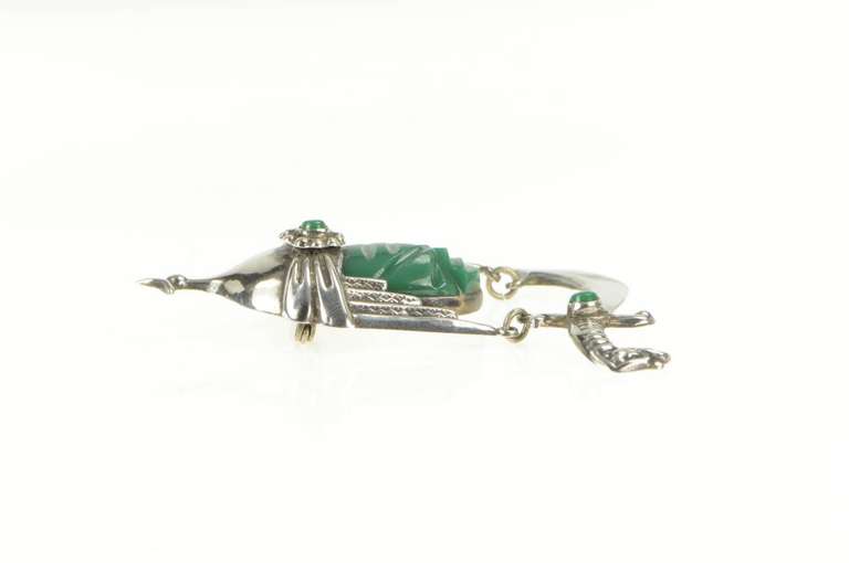 Sterling Silver Carved Tribal Mask Green Agate Scimitar Pin/Brooch