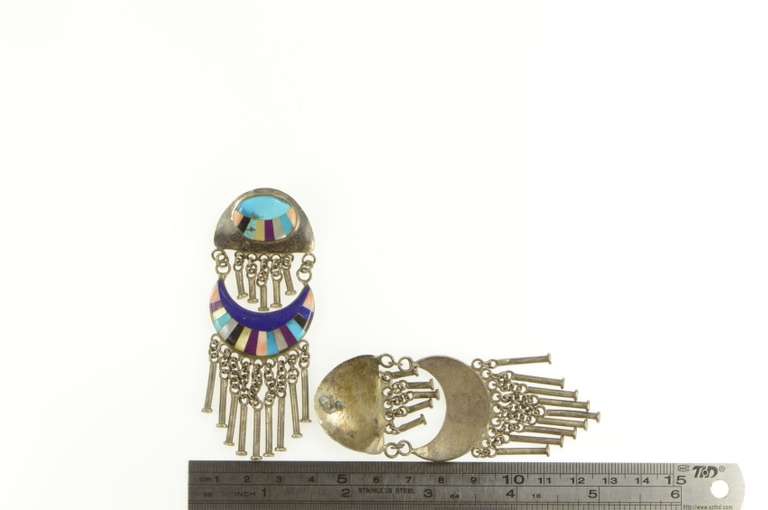 Sterling Silver Southwestern Turquoise Lapis Inlay Fringe Earrings