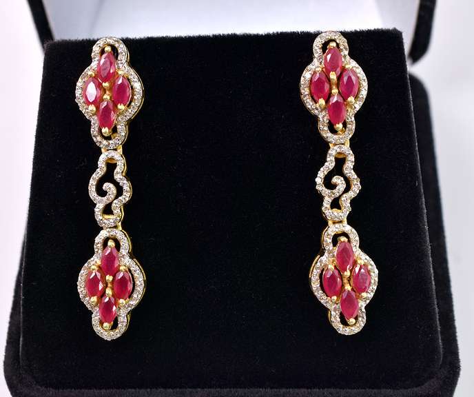 Elegant 3.00CTW Marquise-Cut Cluster Rubies & 1.33CTW Diamond Dangle Earrings in Gold Plated Sterling Silver