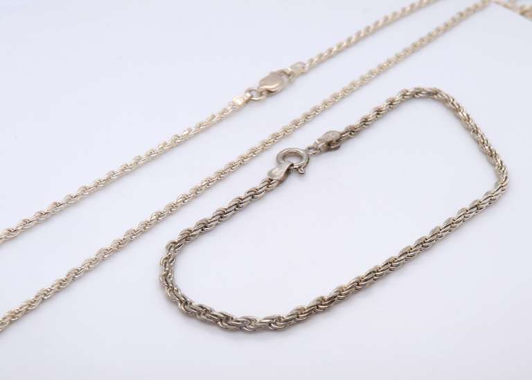 Set of Vintage Italian 925 Sterling Silver Rope Chain Necklace and Matching Bracelet