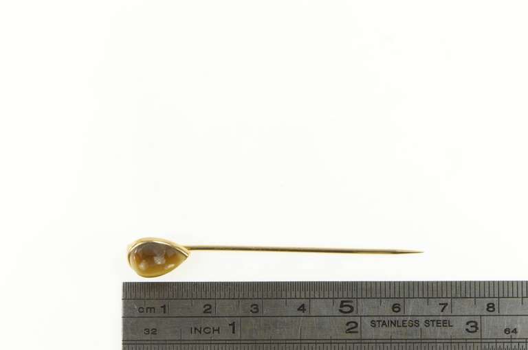 18K Yellow Gold Pear Tiger's Eye Cabochon Ornate Vintage Stick Pin