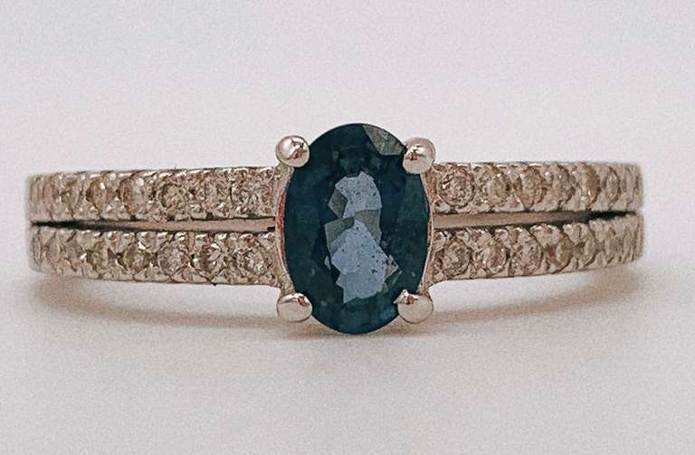 14kt Solid White Gold, Blue Sapphire, & Diamond Ring