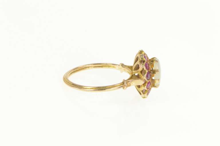 14K Yellow Gold 1.35 Ctw Victorian Natural Opal Ruby Halo Ring