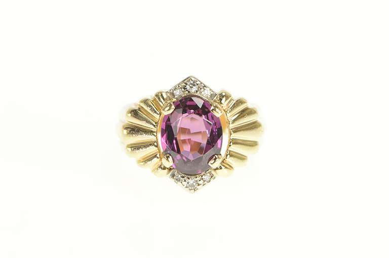 18K Yellow Gold Rhodolite Garnet Diamond Grooved Statement Ring
