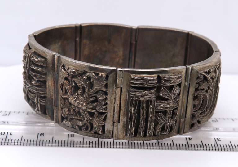 Vintage 925 Sterling Silver Engraved Wide Bangle Bracelet