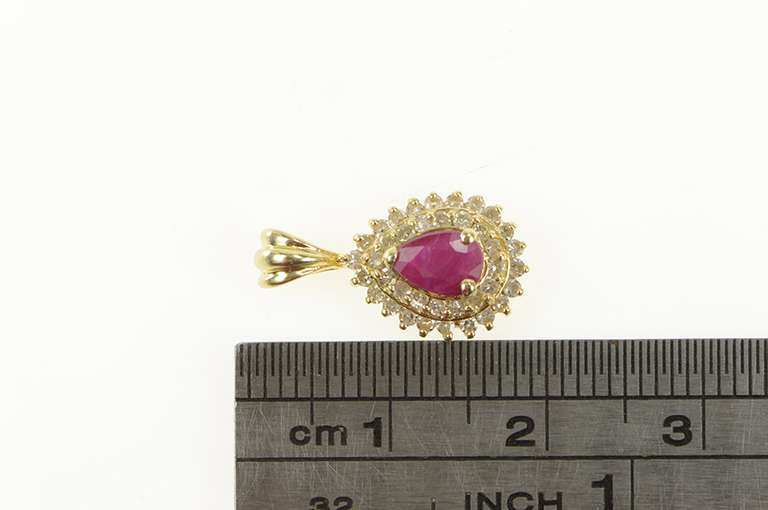 14K Yellow Gold Natural Pear Cut Ruby Diamond Halo Vintage Pendant