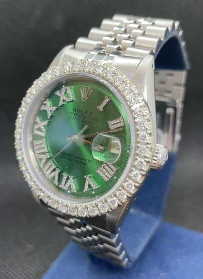 36MM CUSTOM ROLEX OYSTER PERPETUAL DATE-JUST GREEN ROMAN DIAL WITH DIAMOND BEZEL STAINLESS STEEL JUBILEE-BAND