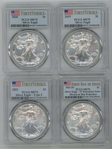 4 Diff. PCGS MS70 FS graded $1 Silver Eagles 2019 to 2021