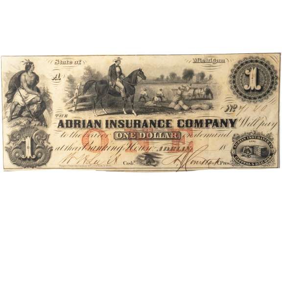 $1 Adrian Insurance Company 1850 Era Note With Slave Vinette