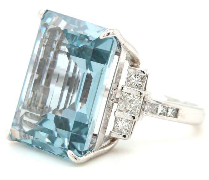 37.50ct Emerald Cut Aquamarine and 2.00ctw Diamond Ring in 14K