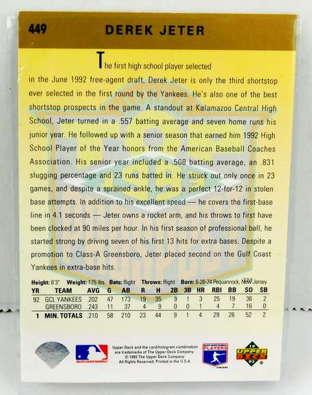 Derek Jeter Upper Deck Rookie Baseball Card
