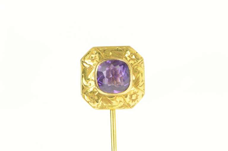 14K Yellow Gold Victorian Amethyst Elaborate Scroll Design Stick Pin