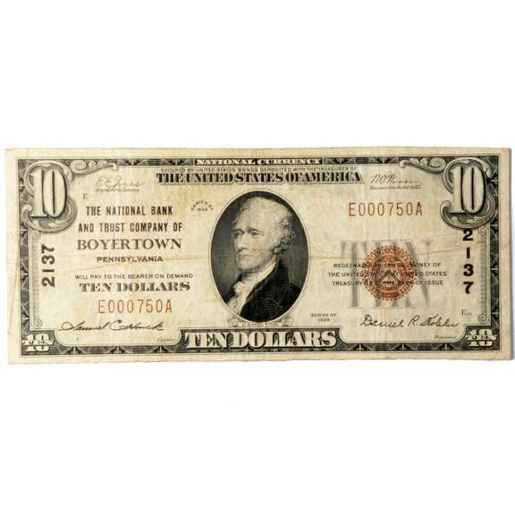 $10 1929 National Currency National Bank & Trust Co Boyertown Pa Note