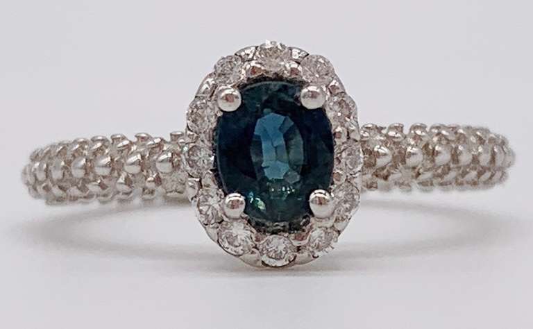 14kt Solid White Gold, Blue Sapphire, & Diamond Cocktail Ring
