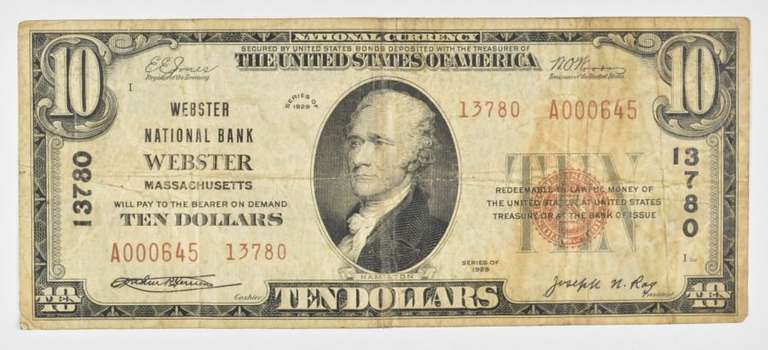 1929 $10 Webster, MA United States National Currency - 13780