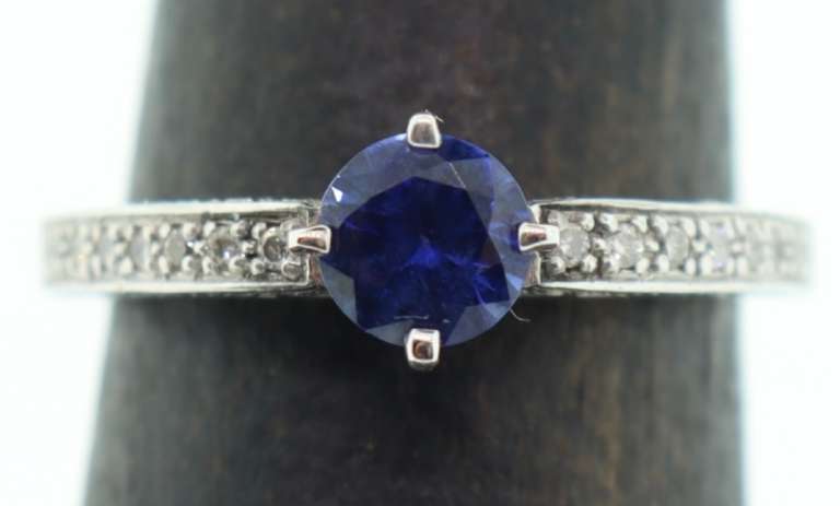 14kt Solid White Gold, Blue Sapphire, & Diamond Ring