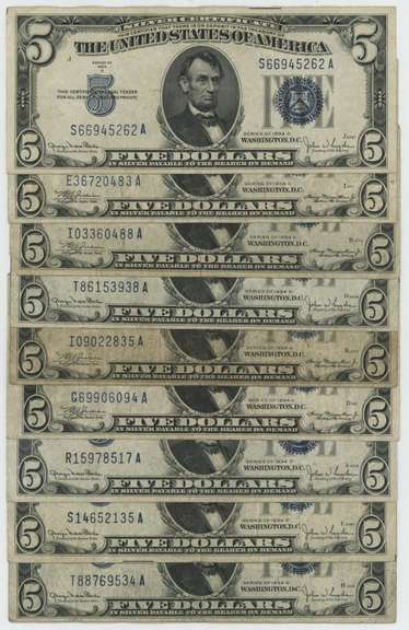 9 Series of 1934 $5 Blue Seal Silver Certificates
