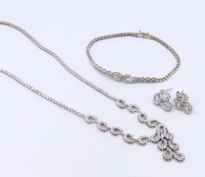 Quintessential White Gold Set of Diamond Waterfall Necklace, Bracelet and Earrings