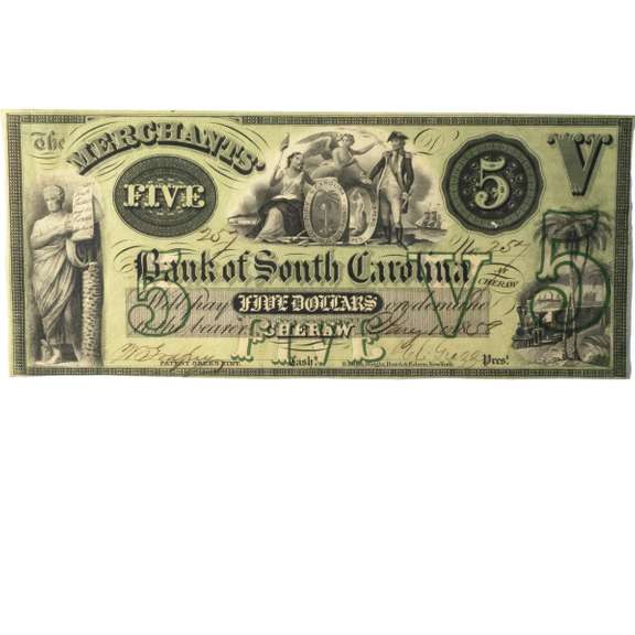 Near Unc Aug 10 1858 $5  Merchants Bank of South Carolina Cheraw Note