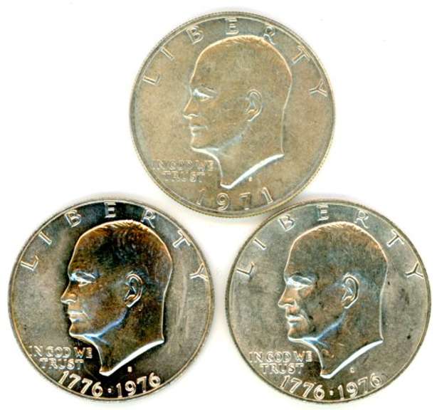 3 S-Mint Eisenhower Dollars 1971 and 2x 1976