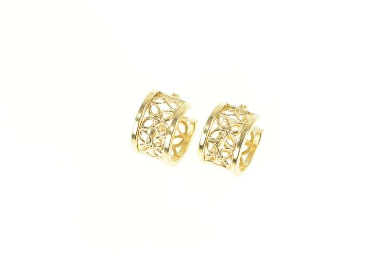 14K Yellow Gold Flower Pattern Filigree Squared Hoop Earrings