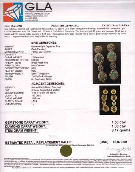 Brilliant 1.50CTW Opal W/ Fire & 1.80CTW Diamond Dangle Earrings in Gold Plated Sterling Silver