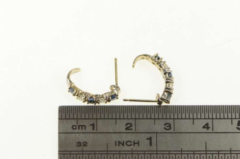 14K Yellow Gold Natural Sapphire Diamond Curved Bar Hoop Earrings