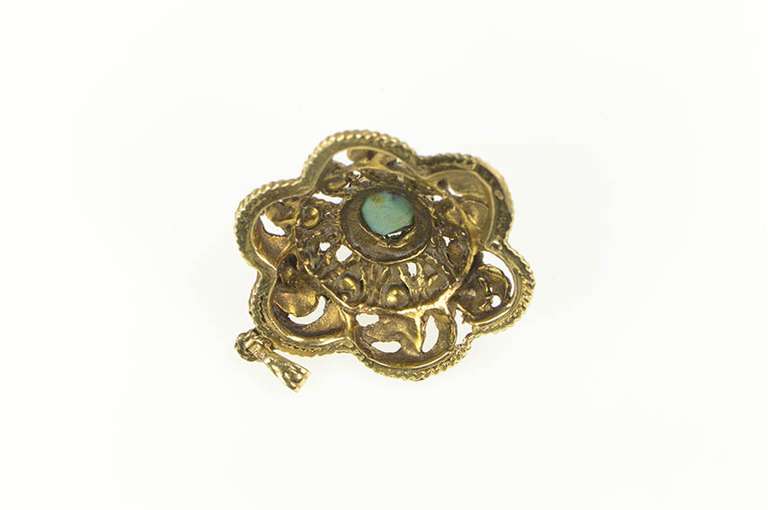 14K Yellow Gold 1950's Ornate Turquoise Domed Statement Pendant