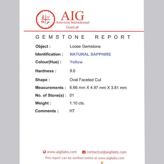Certified 1.10ct canary yellow Sapphire