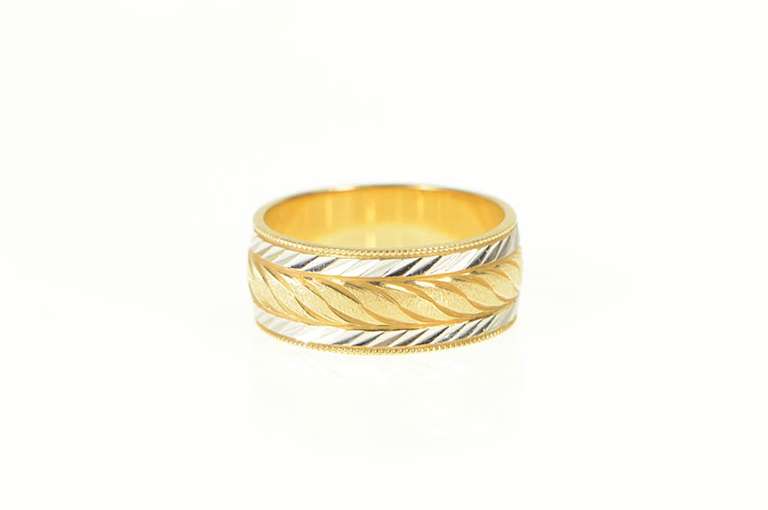 14K Yellow Gold 7.5mm Grooved Two Tone Wedding Band Ring