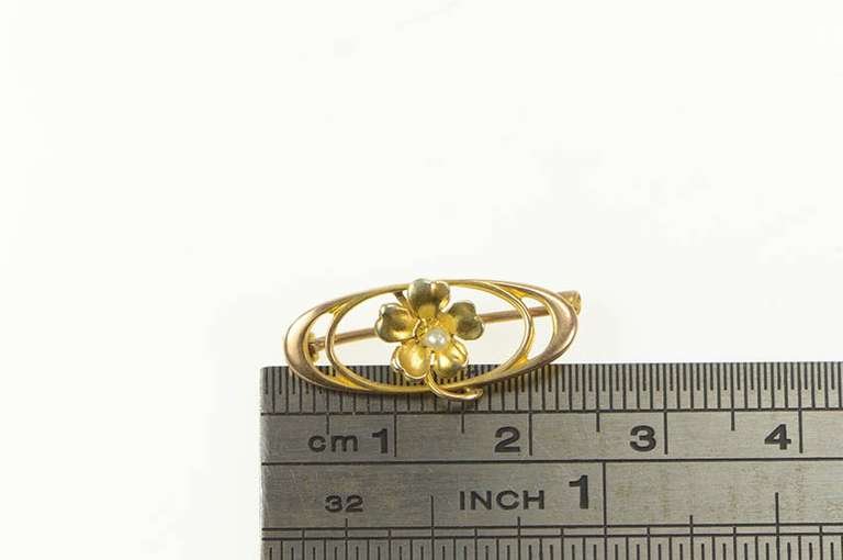 10K Yellow Gold Oval Victorian Seed Pearl Ornate Floral Pin/Brooch