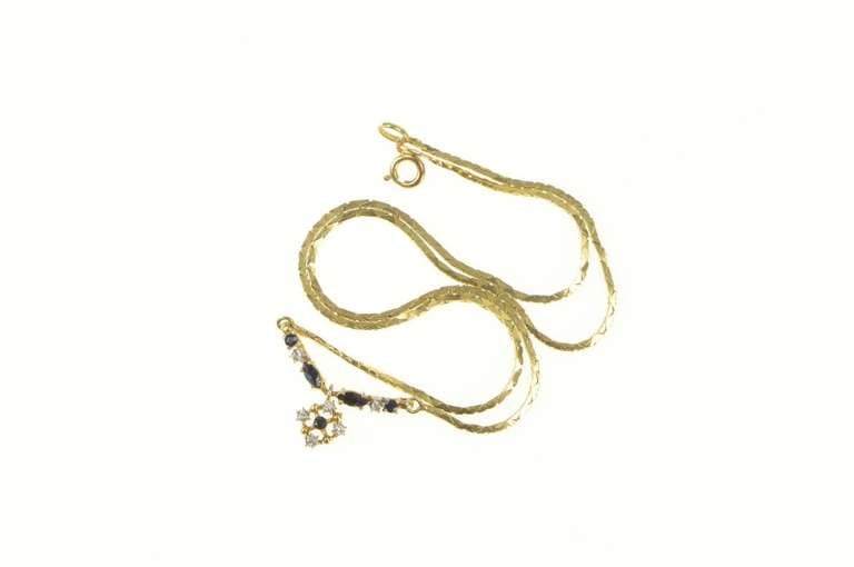 9K Yellow Gold Sapphire Diamond Round Cluster Square Chain Necklace