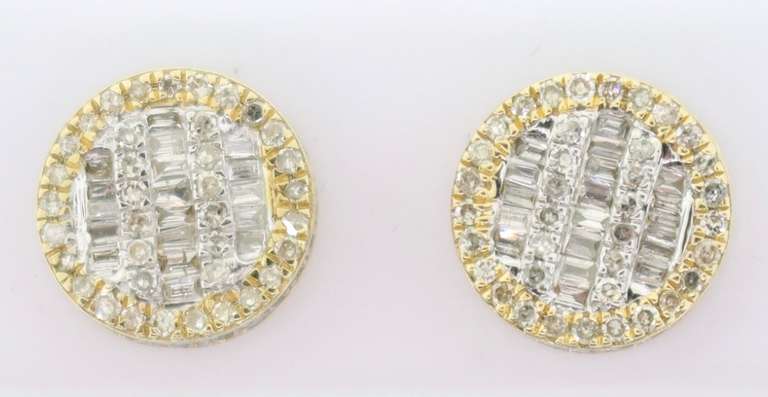 Circular Baguette Diamond Earrings edged with 14k Yellow Gold and Round Diamonds