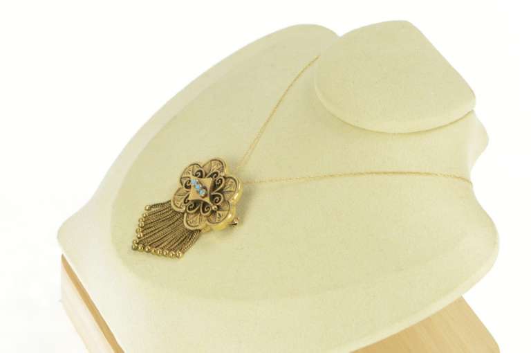 14K Yellow Gold Victorian Turquoise Chain Fringe Tassel Pin/Brooch