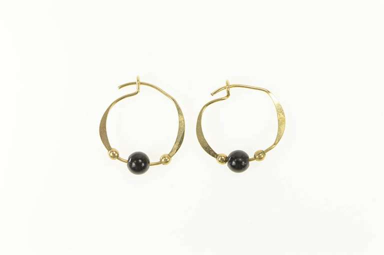 10K Yellow Gold Round Black Onyx Beaded Hoop Earrings
