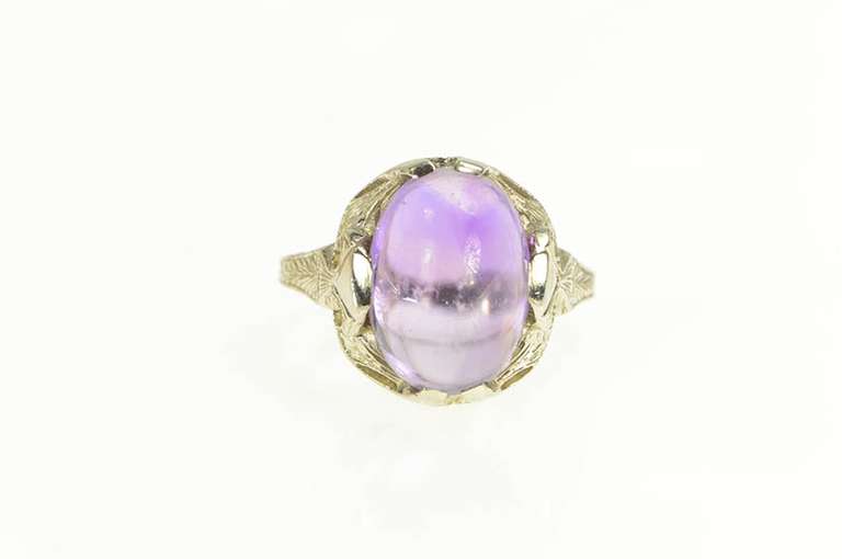 18K White Gold Art Deco Amethyst Filigree Engraved Elaborate Ring
