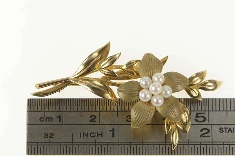 9K Yellow Gold Ornate Pearl Flower Cluster Leaf Accent Pin/Brooch