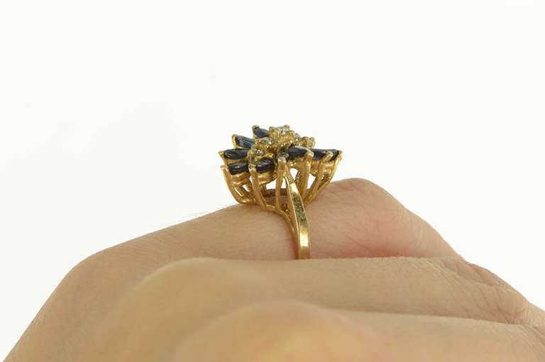 14K Yellow Gold Marquise Sapphire Diamond Wavy Cluster Ring