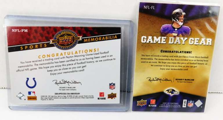 2 Upper Deck Memorabilia Football Cards
