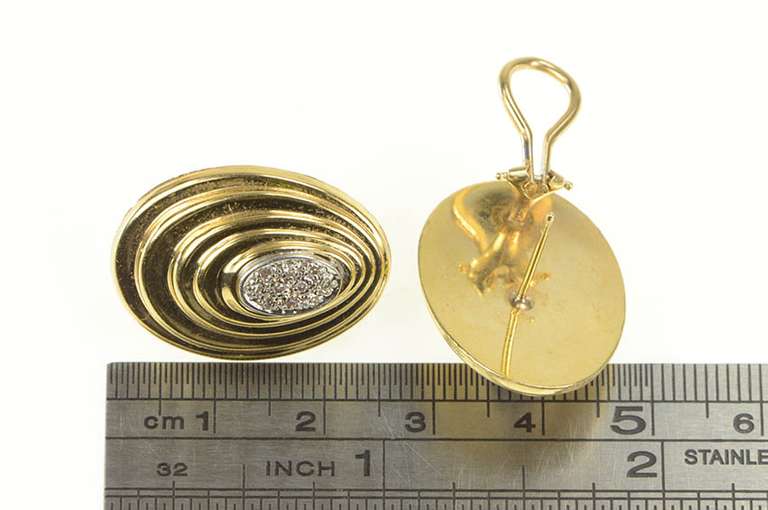14K Yellow Gold Oval Diamond Puffy French Clip Statement Earrings