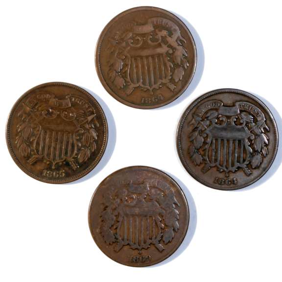 1864 1865 & 1869 Two Cent Pieces